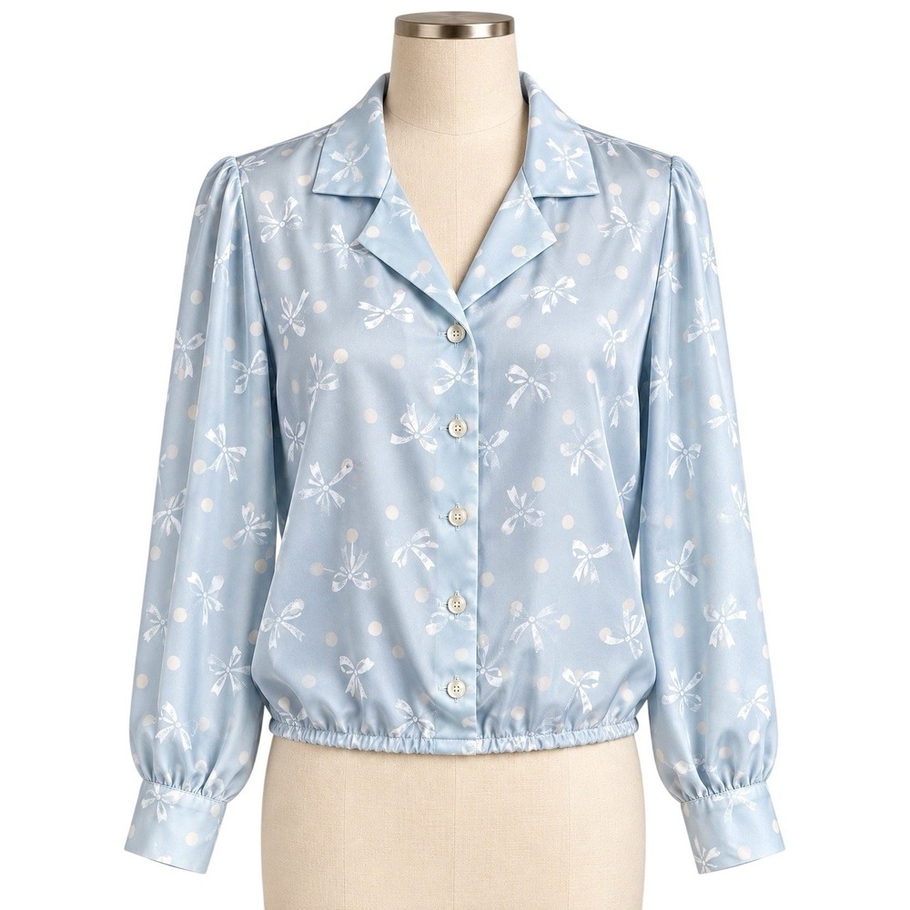 Bleyle Blouse Womens 14 Blue Bow Dot Print Satin Button Up Long Sleeve Top
